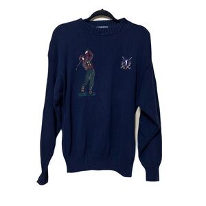 McBriar Vtg USA Chunky Knit Golf Embroidered Sweater Men M Navy Blue